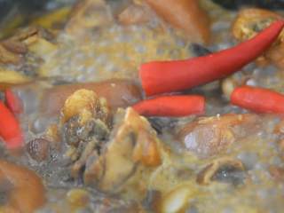 家常红烧猪蹄—在家也能做出大厨级的猪蹄,放入小米椒炒匀，小火再炖15分钟。