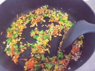 辅食10M➕鳕鱼蔬菜烩饭,倒入胡萝卜翻炒，炒半分钟左右再加入香菇和彩椒翻炒
