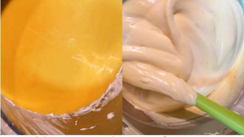斑马纹 酸奶戚风蛋糕,蛋黄糊倒入打发好的蛋白霜，用翻拌手法拌匀，就好像平时炒菜一样，切勿打圈圈
