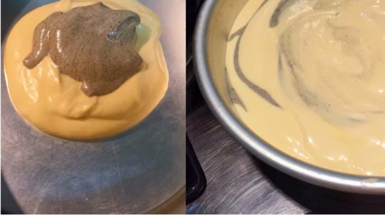 斑马纹 酸奶戚风蛋糕,8寸模具，放入一勺面糊，然后放上一勺黑芝麻面糊，反复