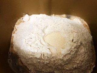 无糖低脂果干全麦面包,粉堆里加入干酵母（因为无糖，用普通干酵母即可）