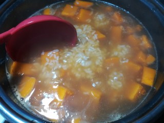 快手红糖南瓜粥,生粉的水倒入锅里后，一定要快速且轻柔搅拌。锅里要一直保持微沸的状态，这样做出来的南瓜粥才会成半透明状。