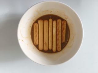 提拉米苏,将手指饼放入朗姆酒和浓缩咖啡混合好的液体蘸一层，铺在容器的底部。
