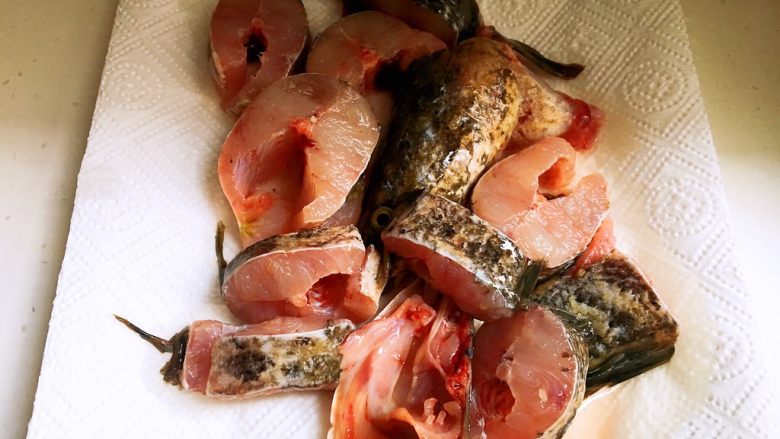 术后护理黑鱼汤,洗干净的鱼段要用厨房纸吸干水分
