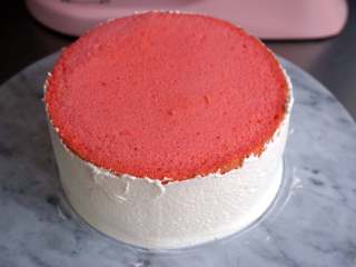 夏季私房热门的西瓜蛋糕,码好后，在最外侧再抹上一层奶油。
