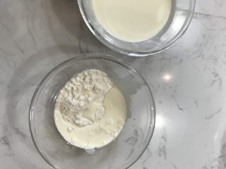 舒芙蕾芝士蛋糕,低粉里分次加入牛奶和奶油混合物，轻微搅拌