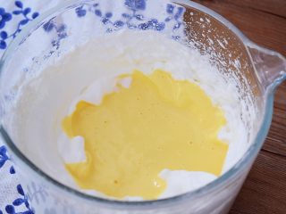 酸奶蛋糕,再把拌匀的蛋黄糊倒回蛋白霜中，翻拌或上下拌匀，加入蛋白霜后，面糊一定不要画圈，不然会消泡，要用翻拌手法或者上下拌法