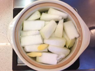 鲜虾冬瓜汤,砂锅中加足量清水，放入姜片，冬瓜片和冬瓜皮。