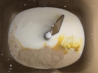 奶香全麦吐司,液体倒入面包桶，倒入酵母静置5分钟