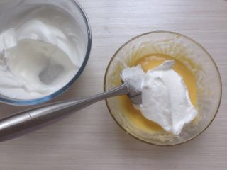 水果酸奶蛋糕,取三分之一打发好的蛋白霜到蛋黄糊里，用切拌的手法拌好。