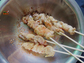 孜然鸡肉串,烤好的鸡肉串撒上孜然粉、辣椒粉、椒盐即可