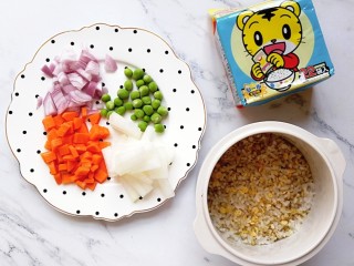 宝宝辅食—冬瓜蔬菜烩饭,准备好食材：胡萝卜和洋葱分别切丁，冬瓜切块