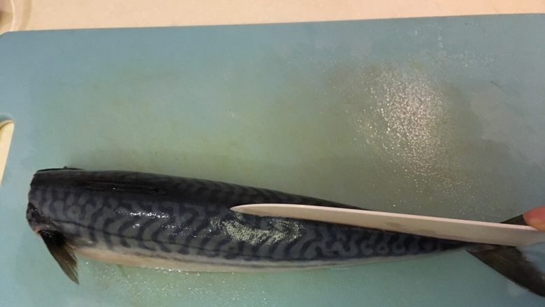 干煎鲭鱼,片肉刀沿着鱼背的中线避开骨头下刀