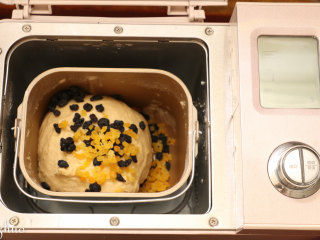 玫瑰花型面包,待面揉匀后加入黄油，和干果（葡萄干，芒果干等……）再次启动面包机和面10分钟。