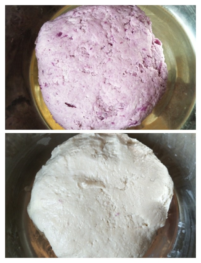 紫薯卷,面粉加适量酵母，白糖和成面团，一起包上保鲜膜，发酵1小时