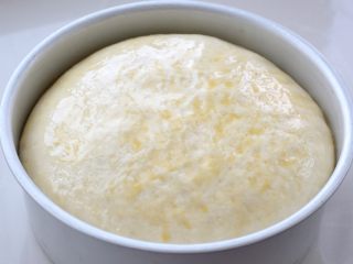 奶酪面包,再次将面团发酵至模具的八分满，可以放进烤箱里，下面放一碗热水来帮助发酵，在发酵好的面团表面刷一层薄蛋液