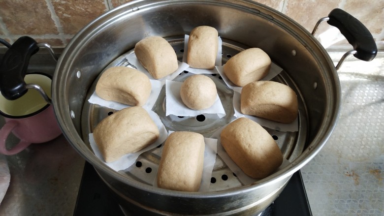 全麦馒头,蒸锅里水烧温热，均匀的放入馒头。中间就距离，盖上盖子进行发酵，大概30分钟左右即可，不用换水直接开中火蒸至15分钟左右，关火闷2分钟取出