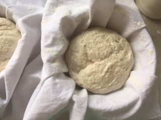 天然酵种乡村面包,有发酵篮可以在发酵篮内撒上适量的干粉，或者像我一样，用干净的布铺在碗内，布上撒上适量的干粉，之后将整理好的面团光滑的一面朝下放入，盖保鲜膜室温发酵1个半小时