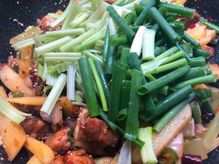 干锅排骨,放入芹菜和葱叶翻炒至断生即可