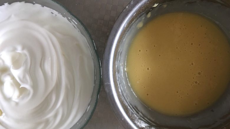 戚风蛋糕（6寸）,分三次将打好的蛋白拌入到蛋黄面糊里