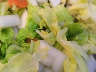 夏日必备爽口泡菜,重复刚才的步骤，再取部分混合蔬菜放入盆中。