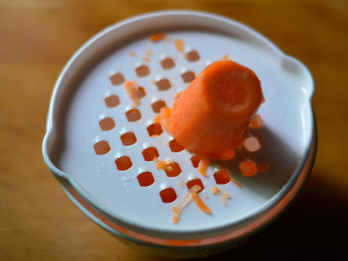 胡萝卜瘦肉粥（辅食）,胡萝卜用辅食工具擦成碎沫（我家宝宝一岁多了，用的比较粗大的孔，要是太小的宝宝一定要用细小的孔）