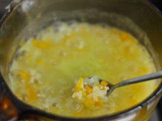 南瓜鸡肉粥（辅食）,翻拌均匀，煮开后用小火继续煮约10分钟