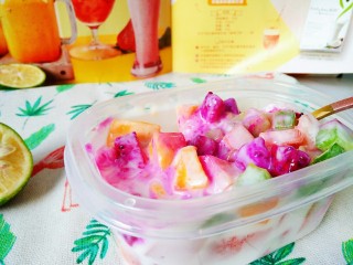 水果多多~酸奶水果捞,好啦，我们冰镇一下搅拌食用就可以了
（红心火龙果可是掉色的）嘻嘻！