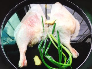 下酒菜+红烧鸭腿,放入鸭腿，生姜，香葱，冷水下锅。