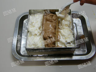 双色冰淇淋蛋糕,冰淇淋提前20分钟取出冰箱软化（不要溶化）将冰淇淋填入框内。
