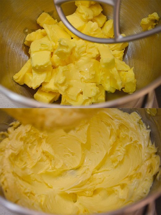 杏仁玛芬蛋糕 简单烘焙,将软化的黄油放入厨师机搅拌桶，搅拌至颜色变浅状态。
