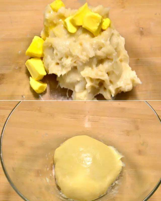 可可麻薯软欧包,麻薯趁热取出后加入黄油，趁着温热的时候戴手套捏揉均匀至黄油完全吸收，麻薯呈光滑状态，盖好冷却备用。