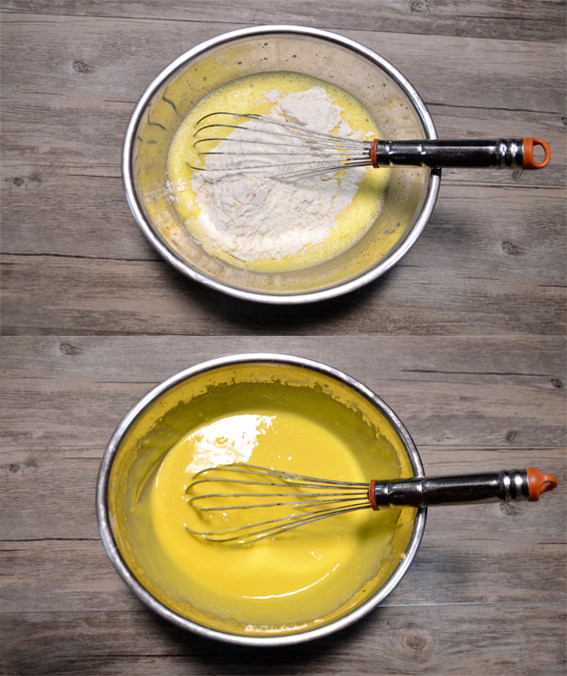 杏仁蜂蜜戚风蛋糕, 将低筋面粉筛入，翻拌均匀成细腻的面糊。