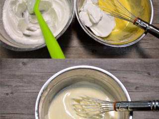 肉松小蛋糕,取三分之一的蛋白霜加入到面糊中，切拌均匀后倒入到剩下的蛋白霜中，快速切拌均匀。