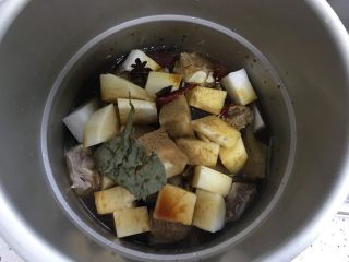快手正餐 高压锅萝卜焖排骨,将排骨，萝卜放入高压锅，加入所有大料，加入适量生抽，少许十三香，再加半碗清水