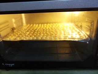 蛋黄溶豆,入烤箱，100度上下火烤半个小时左右。