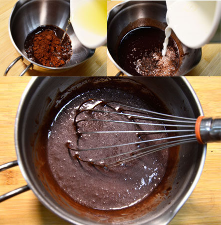 新晋网红脏脏蛋糕,把油加热，四周微微冒泡，倒入可可粉里拌匀，牛奶同样微微加热，倒入可可粉里拌匀。这时可可粉和牛奶、油都拌在一起的，降温后使用。