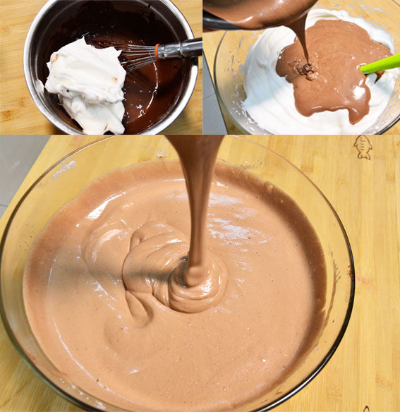 新晋网红脏脏蛋糕,取三分之一的蛋白霜加入到面糊中，切拌均匀后倒入到剩下的蛋白霜中，快速切拌均匀。
