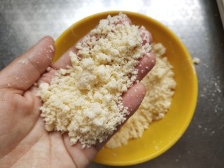酥粒大排包,酥粒部分的黄油软化，加入全部材料搓成颗粒。冷藏备用