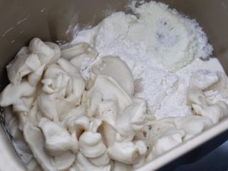奶油软排包,把除黄油外的主面团材料放入面包桶内，再放入撕成小块的中种面团，启动面包机开始揉面