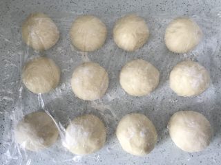 椰蓉酥粒排包—EAT风炉,将面团均分12份，分别滚圆，盖保鲜膜醒发15分钟。