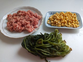 黄豆雪菜炒肉末,食材准备好备用，雪菜是淹制好的。
