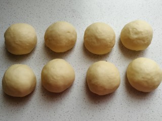 椰蓉炸面包,发酵好的面团取出挤压揉搓排气，然后分成均匀的八个剂子滚圆，盖保鲜膜静置醒发十分钟左右。