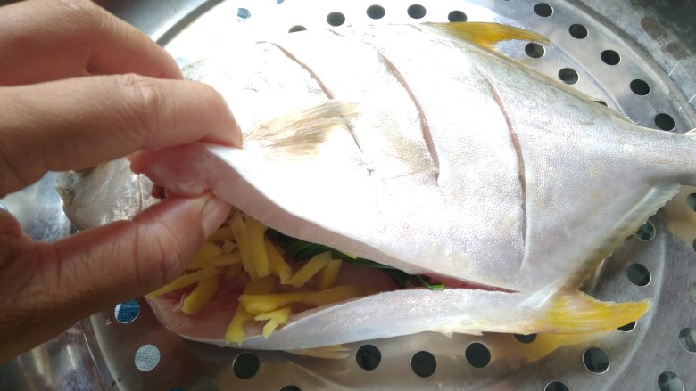 清蒸鱼,取一半姜丝放入鱼肚子里。