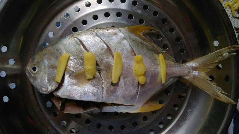 清蒸鱼,鱼肚子塞满后，在鱼上面也放几片姜片。