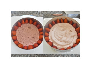 草莓藏心,底层铺上一层蛋糕胚,挤入草莓慕斯浆。