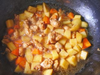 土豆烧鸡肉,加入刚好和食材平行的水，中火十分钟左右出锅
