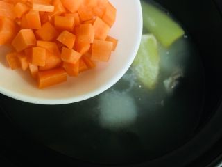 山药排骨汤,时间到了，倒入胡萝卜丁继续煮至胡萝卜断生