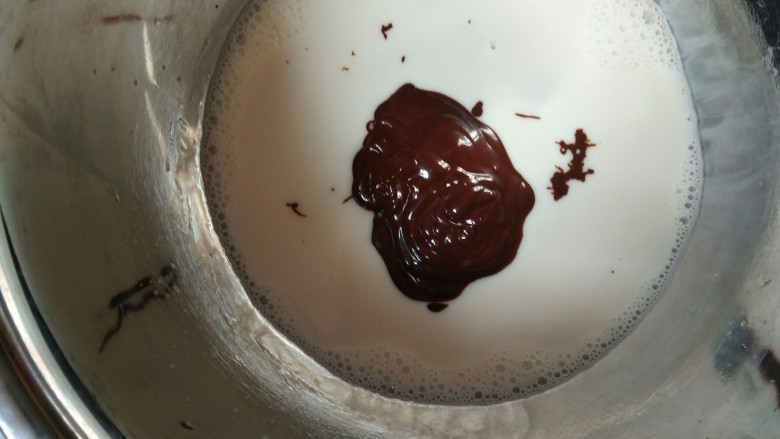 网红沙皮狗慕斯,将剩下的巧克力液挤进混合好的牛奶里面，继续搅拌均匀