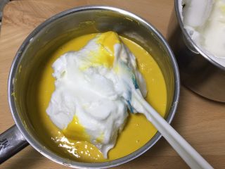 蔓越梅南瓜蛋糕,取三分之一的蛋白进蛋黄糊中。